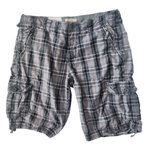 VTG 555 Soul Essentials-Gray Plaid Mens Cargo Shorts-Cinch Leg/Waist-Thrashed 36